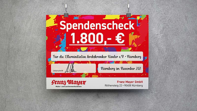 Spendenscheck der Maler- und Lackierwerkstätten Franz Mayer an die Elterninitiative krebskranker Kinder e.V. Nürnberg